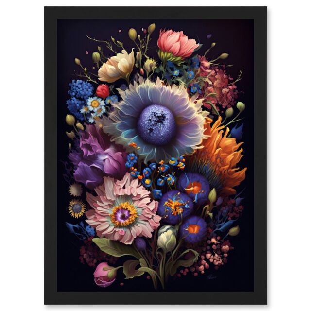 Artery8 Flower Bouquet Purple Pink Orange Floral Art Artwork Framed Wall Art Print A4 in Black - image 1