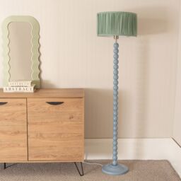 ValueLights Bobbins Powder Blue Floor Lamp with Ruched Pleated Drum Lamp Shade in Pale Green - thumbnail 3