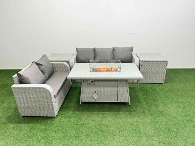 Fimous 5 Seater PE Rattan Wicker Garden Furniture Patio Conservatory Sofa Set with Firepit Dining Table 3 Seater Sofa Love Sofa 2 Side Table - image 1