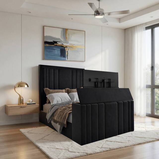 KDMD Ashburnham Upholstered Soft Velvet Black Tv Bespoke Bed Frame - Size: Double - image 1