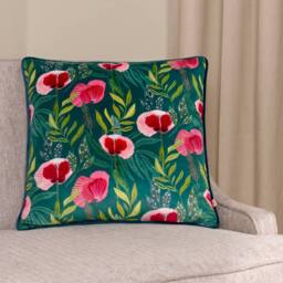 Wylder Nature House of Bloom Poppy Piped Cushion in Teal - Size: 43 cm x 43 cm - thumbnail 1