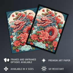 Artery8 Wall Art Print Fantasy Dragon Fierce Peony Flower 2024 China Year Of The Dragon Art Framed in Red - Size: A4 - thumbnail 2