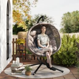 OUTSUNNY Hanging Swing Chair w/ Metal Stand & Side Pocket in Brown - thumbnail 1