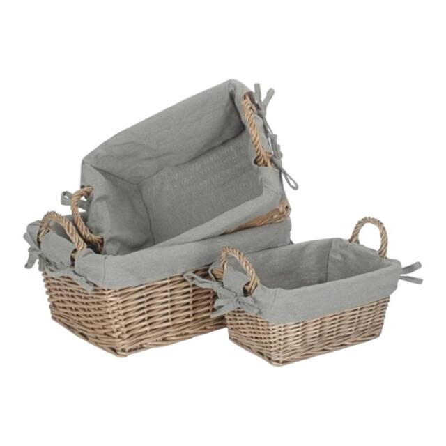 Red Hamper Set of 3 Wicker Handled Grey Cotton Lining Storage Basket - image 1