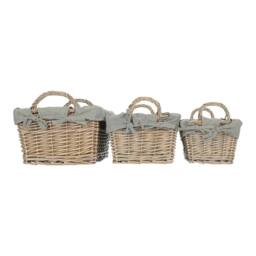 Red Hamper Set of 3 Wicker Handled Grey Cotton Lining Storage Basket - thumbnail 3