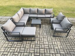 Fimous 10 Seater Aluminium Garden Furniture Set Outdoor Lounge Corner Sofa 3 Pcs Chair Square Coffee Table Sets with Big Footstool Dark Grey - thumbnail 2