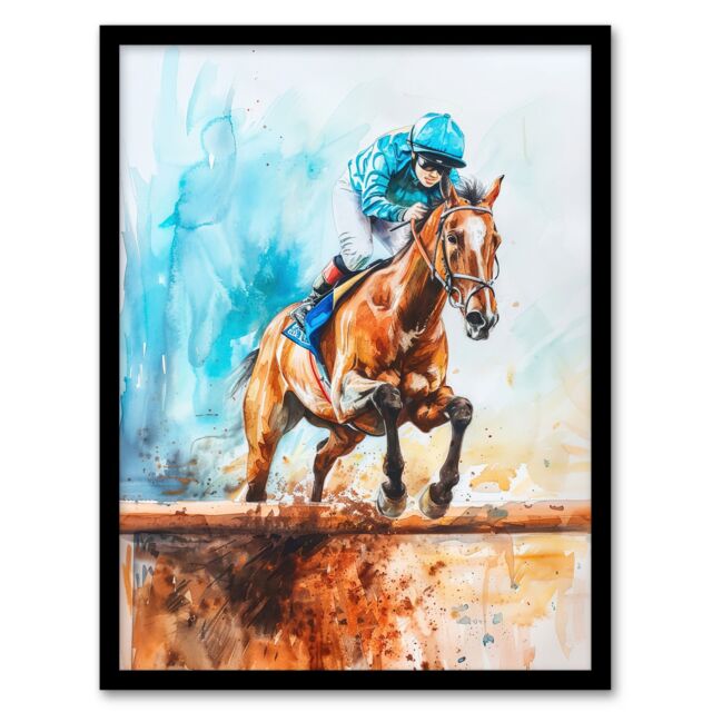 "Artery8 Horse Jockey Jump Hurdles Obstacle Watercolour Framed Art Print in Blue - Size: W12"" x H16""" - image 1