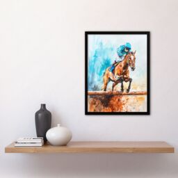 "Artery8 Horse Jockey Jump Hurdles Obstacle Watercolour Framed Art Print in Blue - Size: W12"" x H16""" - thumbnail 4