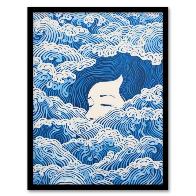 "Wee Blue Coo Wall Art Print Lost At Sea Waves Of Sleep Blue & White Surreal Painting Art Framed - Size: W12"" x H16""" - image 1