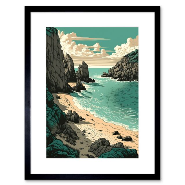 "Artery8 Wall Art Print Porthcurno Beach Coastal Landscape Artwork Framed 9X7 Inch in Black - Size: W7"" x H9""" - image 1