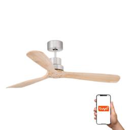 Netlighting Lantau Large 3 Blade Ceiling Fan Satin Nickel Pine Tuya Smart System in Light Tan