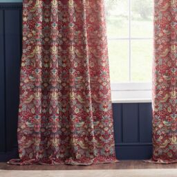 Morris & Co Strawberry Thief Jacquard Floral Room Darkening Pencil Pleat Curtain Pair in Red - Size: 168 cm width x 229 cm drop - thumbnail 5