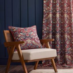 Morris & Co Strawberry Thief Jacquard Floral Room Darkening Pencil Pleat Curtain Pair in Red - Size: 168 cm width x 229 cm drop - thumbnail 4