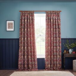 Morris & Co Strawberry Thief Jacquard Floral Room Darkening Pencil Pleat Curtain Pair in Red - Size: 168 cm width x 229 cm drop - thumbnail 7