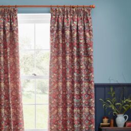 Morris & Co Strawberry Thief Jacquard Floral Room Darkening Pencil Pleat Curtain Pair in Red - Size: 168 cm width x 229 cm drop - thumbnail 3