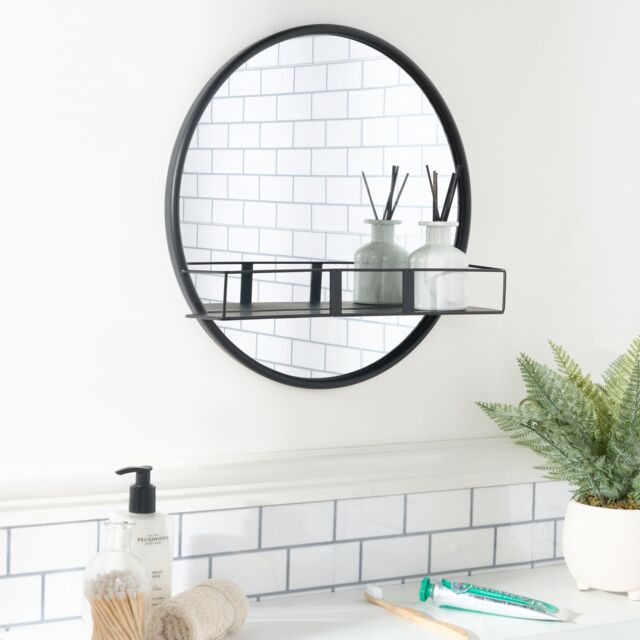 OHS Round Wall Mounted Bathroom Dressing Mirror with Shelf in Black - image 1