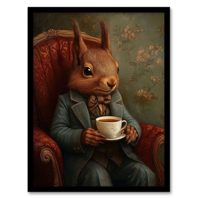 "Artery8 Red Squirrel Tea on Armchair Victorian Portrait Framed Art Print in Brown - Size: W12"" x H16""" - image 1