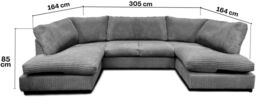 Furniture 786 Aspen Full Back 6 Seater U Shaped Corner Jumbo Cord Fabric Sofa in Grey - thumbnail 2