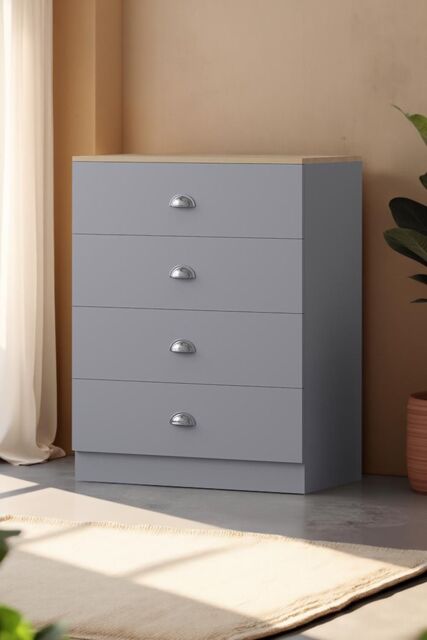 FWStyle 4 Drawer Chest Matt Grey Oak Effect Top Bedroom Furniture