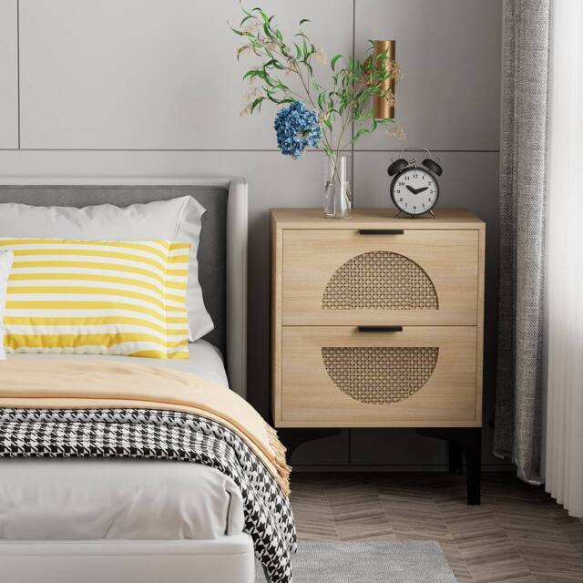 Huhote Bedside Table Side End Table Bedside Cabinet Rattan Drawers Storage in Brown - image 1