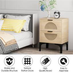 Huhote Bedside Table Side End Table Bedside Cabinet Rattan Drawers Storage in Brown - thumbnail 6