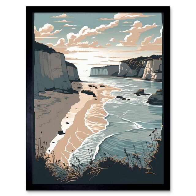 "Artery8 Wall Art Print Bay with Cliffs Pastel Colour Coastal Landscape Art Framed in Black - Size: W12"" x H16""" - image 1