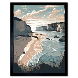 "Artery8 Wall Art Print Bay with Cliffs Pastel Colour Coastal Landscape Art Framed in Black - Size: W12"" x H16""" - thumbnail 1