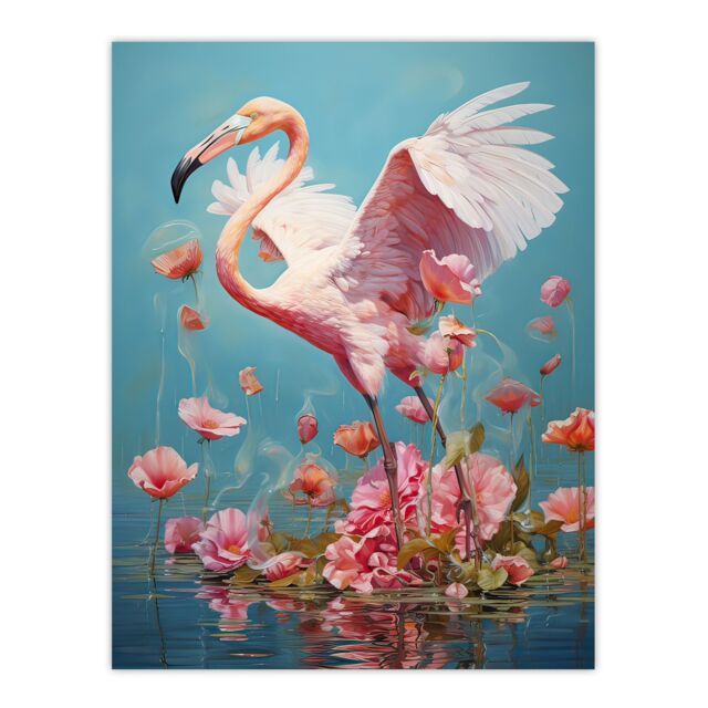 "Artery8 Wall Art Print Jubilant Flamingo Lake Dance over Pink Flowers Poster Picture - Size: W18"" x H24""" - image 1