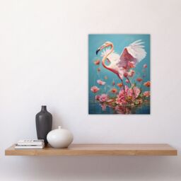 "Artery8 Wall Art Print Jubilant Flamingo Lake Dance over Pink Flowers Poster Picture - Size: W18"" x H24""" - thumbnail 4