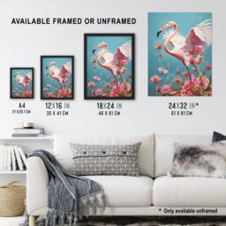 "Artery8 Wall Art Print Jubilant Flamingo Lake Dance over Pink Flowers Poster Picture - Size: W18"" x H24""" - thumbnail 3