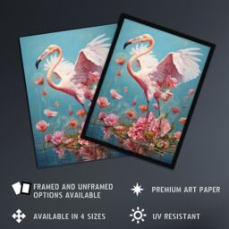 "Artery8 Wall Art Print Jubilant Flamingo Lake Dance over Pink Flowers Poster Picture - Size: W18"" x H24""" - thumbnail 2