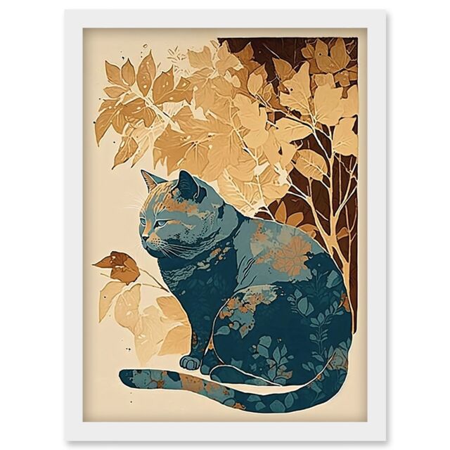 Artery8 Cat by Countryside Shrub Bush in Autumn Modern Linocut Illustration Artwork Framed Wall Art Print A4 in White - image 1
