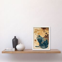 Artery8 Cat by Countryside Shrub Bush in Autumn Modern Linocut Illustration Artwork Framed Wall Art Print A4 in White - thumbnail 2