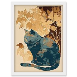 Artery8 Cat by Countryside Shrub Bush in Autumn Modern Linocut Illustration Artwork Framed Wall Art Print A4 in White - thumbnail 1