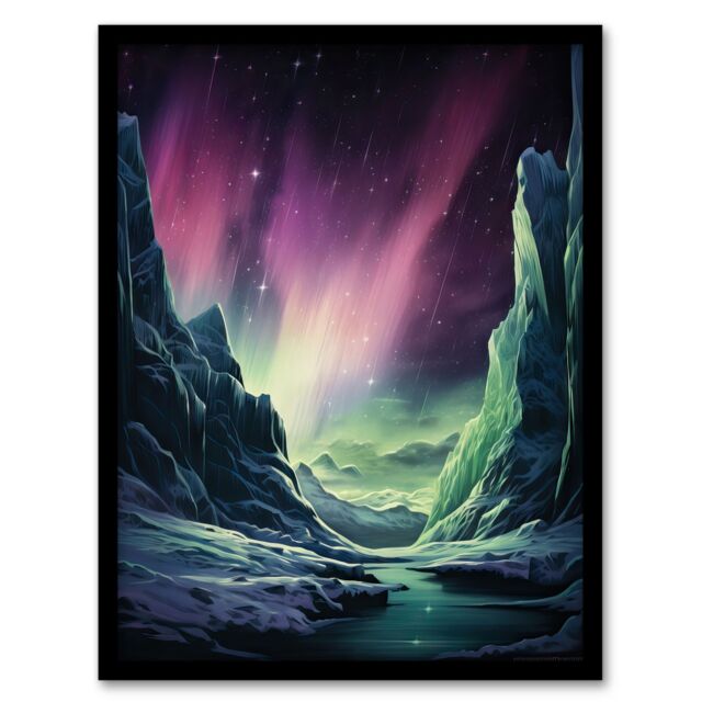 Artery8 Wall Art Print Northern Lights Borealis Artwork Antarctica Southern Aurora Australis Art Framed in Black - Size: A4 - image 1