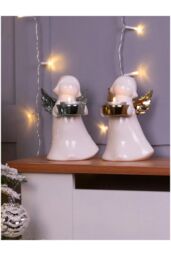 Netagon Festive Ceramic Winged Christmas Angel Tealight Holder in Gold in White - thumbnail 3