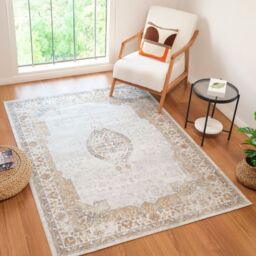 Livabliss Lilian-Washable Grey Brown Blue Vintage Traditional Boho Living Dining Rug - Size: 160 cm x 215 cm - thumbnail 1