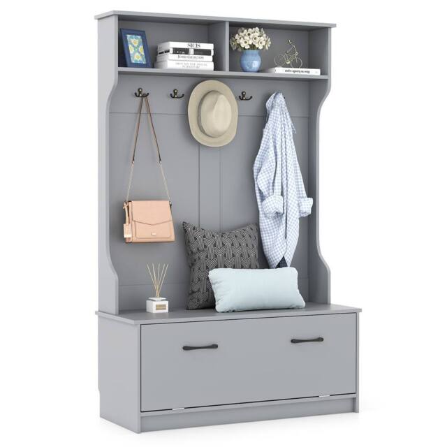 Gymax 3-in-1 Freestanding Coat Rack Shoe Bench With Prong Hooks & Shelves in Grey - image 1