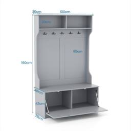 Gymax 3-in-1 Freestanding Coat Rack Shoe Bench With Prong Hooks & Shelves in Grey - thumbnail 2