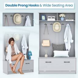 Gymax 3-in-1 Freestanding Coat Rack Shoe Bench With Prong Hooks & Shelves in Grey - thumbnail 9