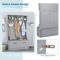 Gymax 3-in-1 Freestanding Coat Rack Shoe Bench With Prong Hooks & Shelves in Grey - thumbnail 6