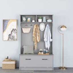 Gymax 3-in-1 Freestanding Coat Rack Shoe Bench With Prong Hooks & Shelves in Grey - thumbnail 4