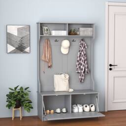 Gymax 3-in-1 Freestanding Coat Rack Shoe Bench With Prong Hooks & Shelves in Grey - thumbnail 3
