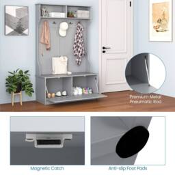 Gymax 3-in-1 Freestanding Coat Rack Shoe Bench With Prong Hooks & Shelves in Grey - thumbnail 7
