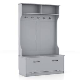 Gymax 3-in-1 Freestanding Coat Rack Shoe Bench With Prong Hooks & Shelves in Grey - thumbnail 8