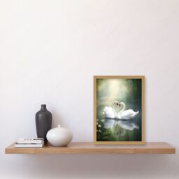 Artery8 Wall Art Print Elegant Love Heart Swans Photo Misty Morning River Scene Love Romance Artwork Framed A4 in Light Oak - thumbnail 2