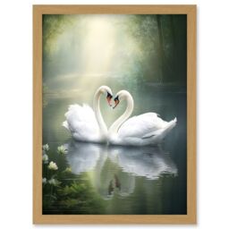 Artery8 Wall Art Print Elegant Love Heart Swans Photo Misty Morning River Scene Love Romance Artwork Framed A4 in Light Oak - thumbnail 1
