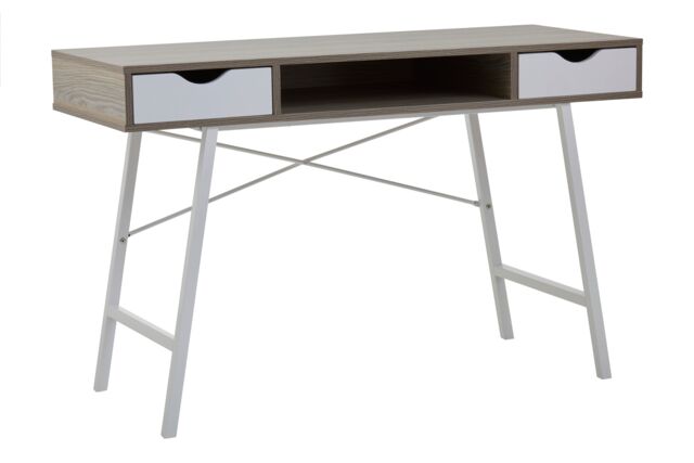 Orsina Two Drawer Light Oak Veneer Desk, Angular White Metal Legs - image 1