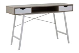 Orsina Two Drawer Light Oak Veneer Desk, Angular White Metal Legs - thumbnail 1