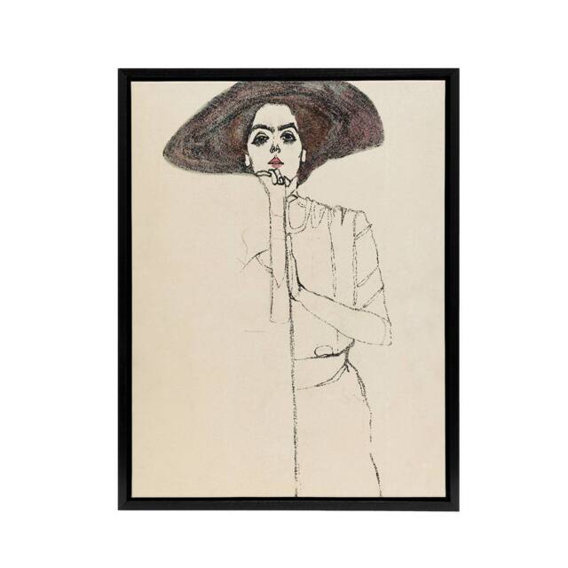 "Artery8 Portrait of a Woman with a Hat Framed Canvas Wall Art Print Egon Schiele in Beige - Size: W12"" x H16""" - image 1